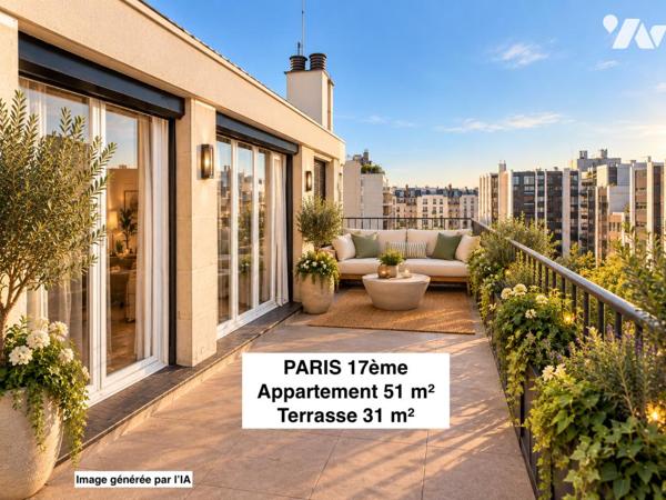 Paris 17ème Roger Bacon - 2 pièces 51m² - terrasse 31 m² - dernier étage avec ascenseur