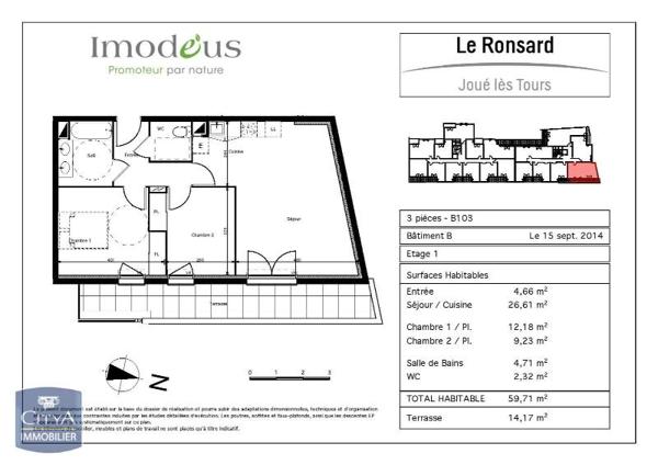 Appartement à louer 3 pièces 59.71m² Joué-lès-Tours (37300)