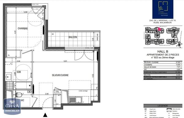 Appartement à louer 2 pièces 51.88m² Rueil-Malmaison (92500)