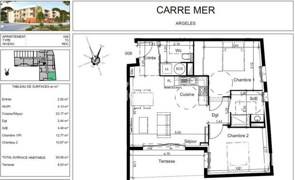 Argeles sur mer (66700) Programme neuf, livraison dans quelques mois - T3 59 m² + 8 m² de terrasse+ 2 parking