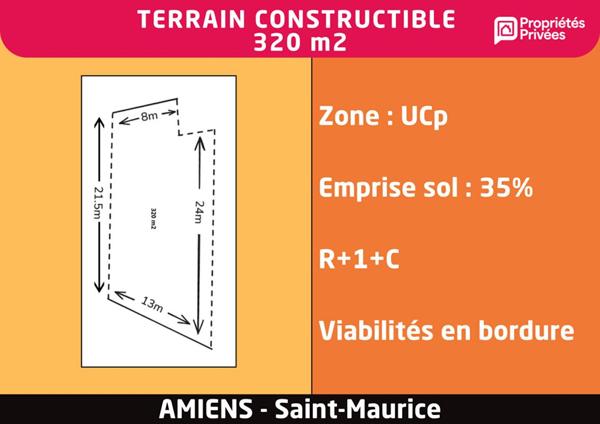 Terrain constructible 320 m2 - Amiens St Maurice
