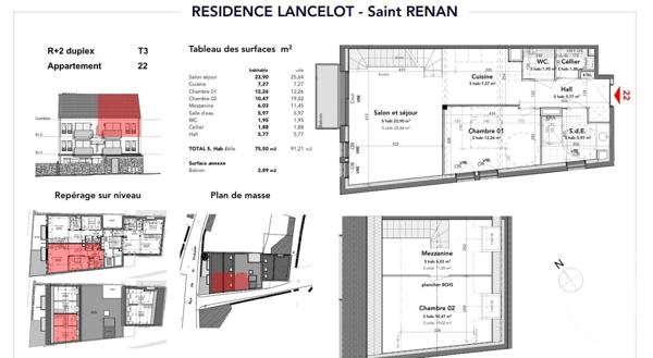 Appartement T3 à vendre  3 pièces - 75,50 m2 ST RENAN - 29