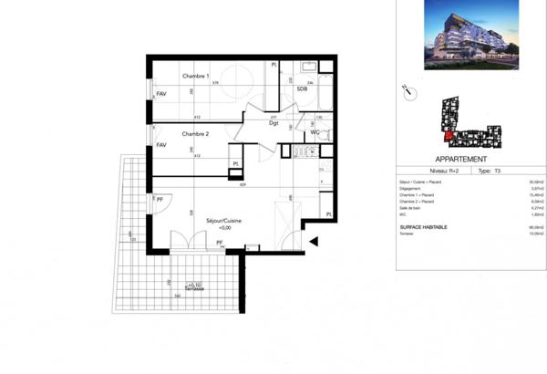 T3 67 m² troisième étage avec terrasse de 19 m² Ouest, Béziers (Avenue du Président Wilson)