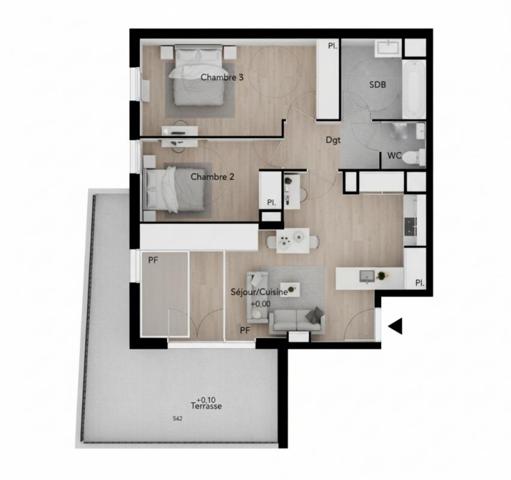 T3 67 m² troisième étage avec terrasse de 19 m² Ouest, Béziers (Avenue du Président Wilson)