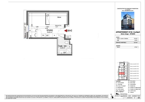 Appartement Boulogne Billancourt 1 pièce(s) 22.73 m2