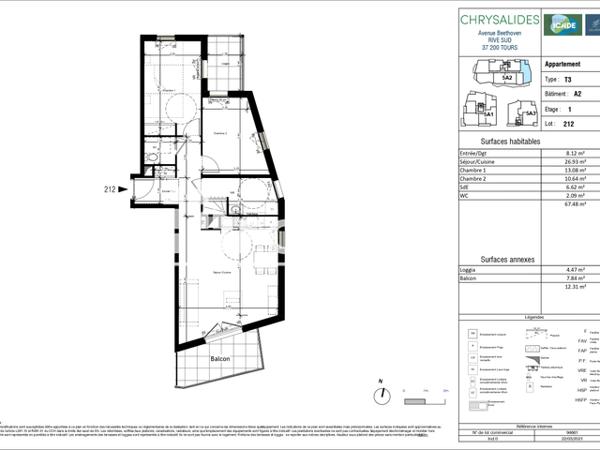 Location Appartement 3 pièces 67.48 m² - AVENUE BEETHOVEN Tours 37200