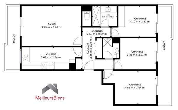 4 pièces 80 m² double balcon et parking