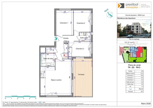 LYON 5EME secteur Aqueducs - Appartement T4 NEUF de 76,40 m² - 3 chambres - Avec terrasse