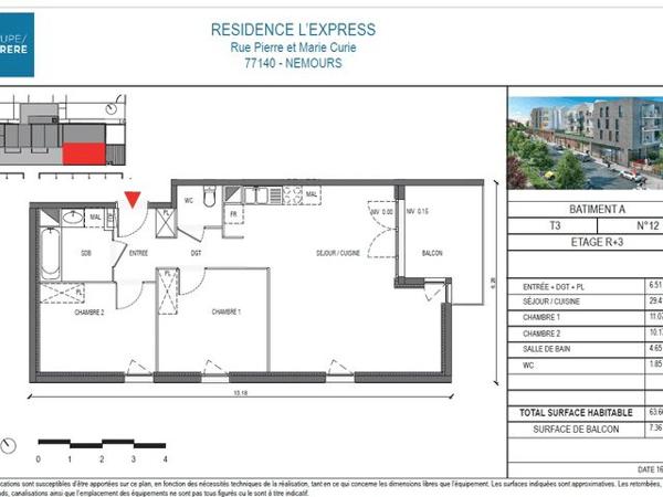 Location Appartement 3 pièces 63.66 m² - 13 RUE PIERRE ET MARIE CURIE Nemours 77140