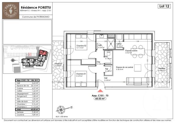 Appartement T3 à vendre  3 pièces - 60,53 m2 PATRIMONIO - 202