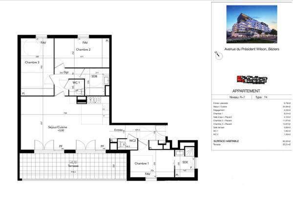 T4 92 m² dernier étage avec terrasse Sud-Ouest. Béziers (Avenue du Président Wilson)