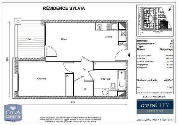 Appartement à louer 2 pièces 44.07m²
