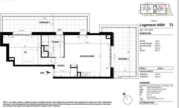 Appartement de type 2 de 54,20m² avec deux grandes terrasses dans le centre de St Nazaire