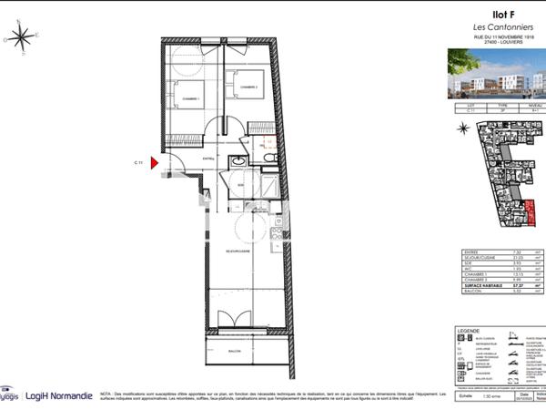 Location Appartement 3 pièces 57.37 m² - Louviers 27400