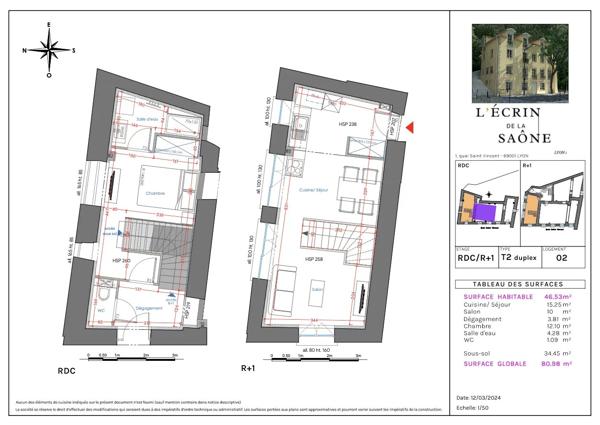 Lyon 1er – Quai Saint-Vincent – Duplex de 46,53 m² - Une chambre - Sous-sol à aménager