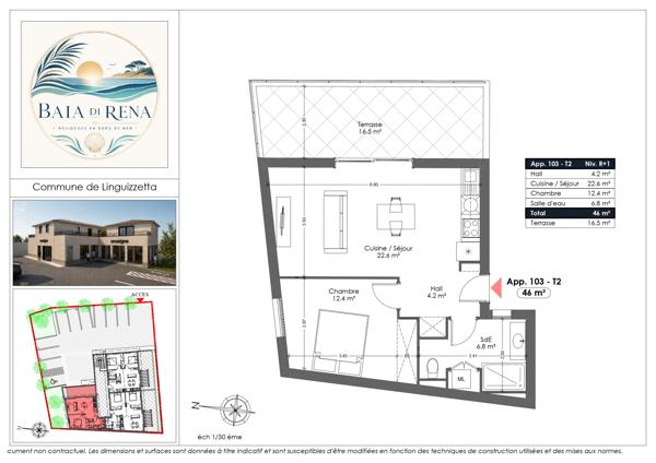 LINGUIZZETTA – MARINE DE BRAVONE – T2 de 46 m² AVEC TERRASSE – RÉSIDENCE BAIA DI RENA