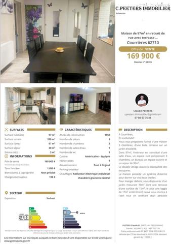 Courrières (62710) Maison de 97m² en retrait de rue avec terrasse 3 chambres, bureau, parking