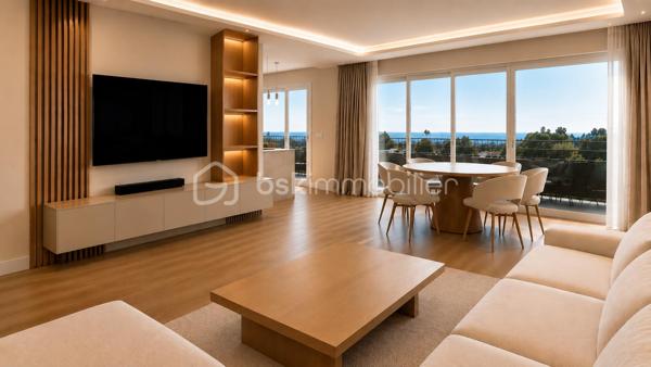 Dans un environnement résidentiel recherché, ce superbe appartement de 128 m² séduit par ses volumes généreux, sa rénovation soignée et ses prestations modernes.

Entièrement rénové avec goût, il se compose d’une entrée, d’une vaste pièce de vie circulaire, lumineuse et conviviale, ouvrant sur une agréable terrasse bénéficiant d’une belle vue mer.

L’espace nuit comprend trois chambres, un espace buanderie, une salle de bains ainsi que deux WC.

L’appartement offre une distribution harmonieuse, de beaux volumes et une atmosphère contemporaine, idéale pour une vie de famille confortable.

Un garage et une cave complète ce bien.

Un appartement élégant, moderne et parfaitement entretenu, offrant terrasse et vue mer, à découvrir sans tarder.
