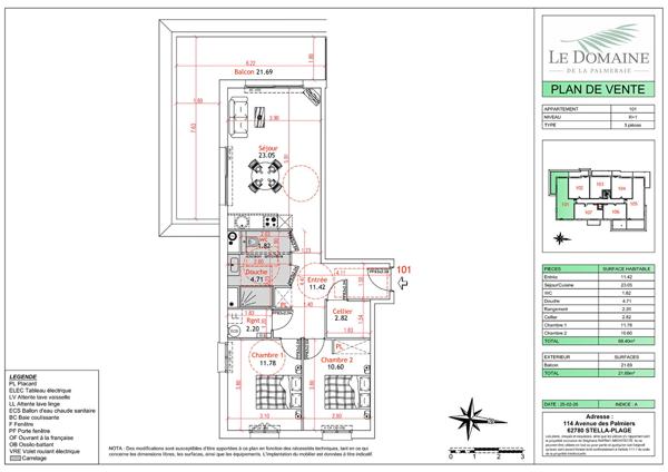 Appartement Cucq Stella Plage 3 pièces 68.4m² et balcon de 21m²