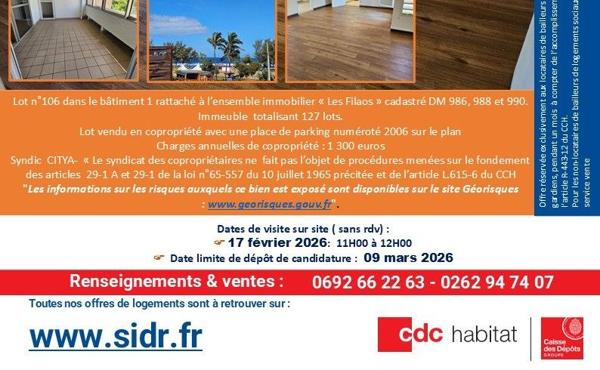 VENTE APPARTEMENT DE TYPE 3 – 6 LES FILAOS – ST PIERRE