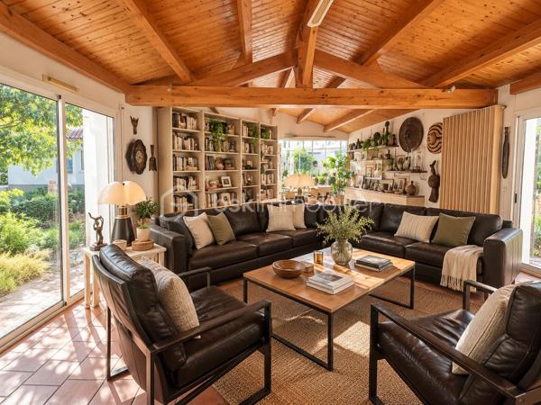 EN EXCLUSIVITÉ, dans un environnement résidentiel recherché de Challans, découvrez cette propriété de caractère, nichée au cœur d'un magnifique parc arboré de 6 330 m², entièrement clos et préservé des regards.

Construite en 1991, cette maison d'architecte de plain-pied développe environ 200 m² habitables et propose 5 chambres, de beaux volumes et une organisation intérieure particulièrement agréable pour la vie de famille.

Dès l'entrée, la maison dévoile une architecture singulière, où les ouvertures sur l'extérieur occupent une place privilégiée.
- La pièce de vie s'articule autour d'une cuisine aménagée et équipée ouverte sur la salle à manger, prolongée par un salon chaleureux doté d'une belle cheminée ouverte. Une véranda vient compléter cet ensemble et offre une transition naturelle vers la terrasse exposée sud-ouest et le jardin.
- L'espace nuit, bien distinct des pièces de vie, accueille une spacieuse suite parentale avec de nombreux rangements et dressings ainsi qu'une salle de bains équipée d'une double vasque. Quatre autres chambres, desservies par un couloir largement vitré et baigné de lumière naturelle, complètent cet espace, avec une seconde salle d'eau et des WC indépendants.
- Une buanderie et deux garages avec portes motorisées, accessibles directement depuis la maison, apportent un confort supplémentaire au quotidien.

- À l'extérieur, le parc constitue incontestablement l'un des atouts majeurs de cette propriété. Ses nombreuses essences d'arbres, ses espaces dégagés et son exposition privilégiée composent un cadre verdoyant, propice à la détente et à la vie en plein air. Un puits facilite l'entretien du jardin, tandis que la création d'une piscine peut être envisagée sous réserve des autorisations nécessaires.

Construite avec soin, cette maison d'architecte a conservé le charme et la qualité de ses prestations d'origine. Des travaux de rafraîchissement et de modernisation permettront de la personnaliser et de révéler pleinement son potentiel. L'assainissement individuel, actuellement non conforme, nécessitera une mise aux normes.
Une propriété singulière, aux volumes généreux, où architecture, espace et nature se rencontrent. Un lieu de vie idéal pour une famille en quête de tranquillité, sans renoncer à la proximité de Challans.
Au plaisir de vous accompagner dans la découverte de cette propriété. Corinne