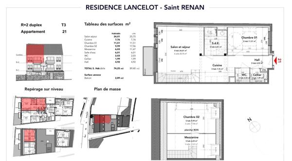 Appartement T3 à vendre  3 pièces - 74,25 m2 ST RENAN - 29
