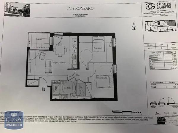 Appartement à louer 3 pièces 57.52m² Tours (37100)