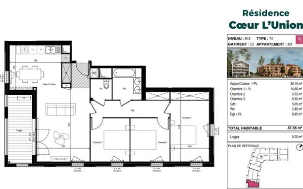 Appartement à vendre    4 pièces • 87,55 m2 L'Union
