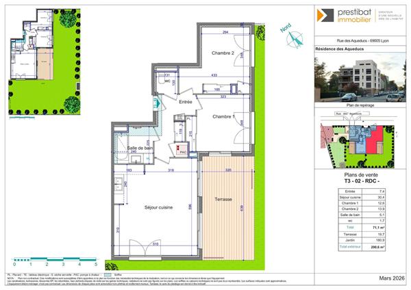 LYON 5EME secteur Aqueducs - Appartement T3 NEUF de 71,10 m² - 2 chambres - Avec terrasse et jardin privatif