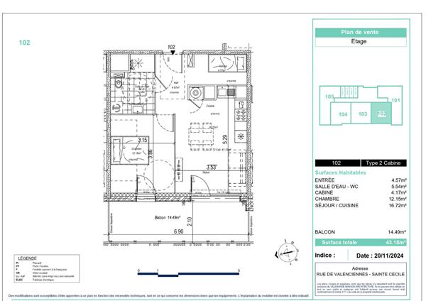 Appartement Sainte Cecile 2 pièces cabine 43.15 m²