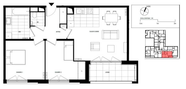 appartement T3 neuf à vendre PARIS 18e, surface habitable 69.60 m2 + loggia 7 m2 + parking