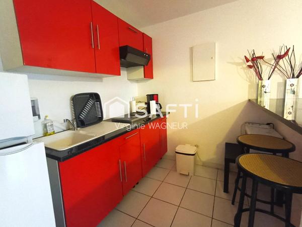 Appartement T2/cabine en rdj avec terrasse, emplacement véhicule, piscine.