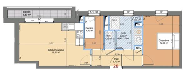 Appartement T2 -  50m²- 1 chambre+cabine- balcon- parking- cave.