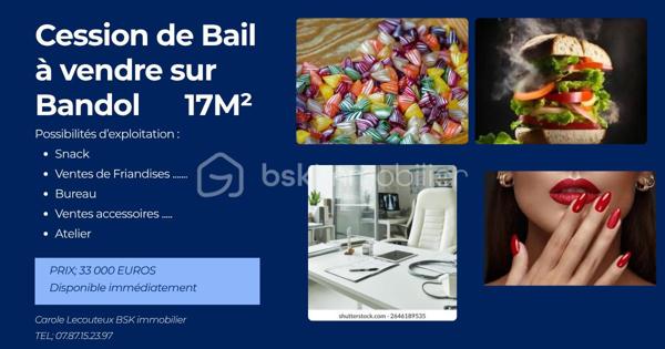 📍 À VENDRE – CESSION DE BAIL À BANDOL

✨ Une belle opportunité pour lancer votre activité dans un emplacement stratégique !

🏪 Local commercial de 17 m² situé à Bandol.

💰 Prix de vente : 33 000 € (frais d'agence inclus).
💶 Faible loyer.
🔑 Disponible rapidement.

🌟 Idéal pour créer un snack, une boutique de friandises, de glaces, de boissons ou de petite restauration (selon les autorisations prévues au bail). Un emplacement offrant un fort potentiel pour répondre à la demande de la clientèle locale et touristique.

Le local convient également pour :
🛍️ Vente d'accessoires
🎁 Cadeaux, décoration, bijoux fantaisie...
💼 Bureau ou profession libérale
💅 Institut de beauté ou activité bien-être
🛠️ Atelier de création ou de fabrication
➕ Toute autre activité compatible avec le bail.

📈 Son emplacement est un véritable atout pour développer votre commerce et attirer une clientèle régulière tout au long de l'année.

📞 Pour plus d'informations ou organiser une visite, contactez-moi au 07 87 15 23 97.

🚀 Ne manquez pas cette opportunité de vous installer à Bandol !