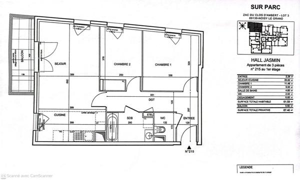 Appartement 3 pièces 61m² avec  balcon
