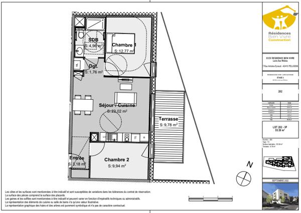 Appartement T3 de 55,65m² meublé, avec terrasse de 10,18 m² et stationnement