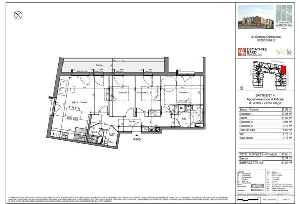 Appartement F4 à vendre  4 pièces - 80,85 m2 SENLIS - 60