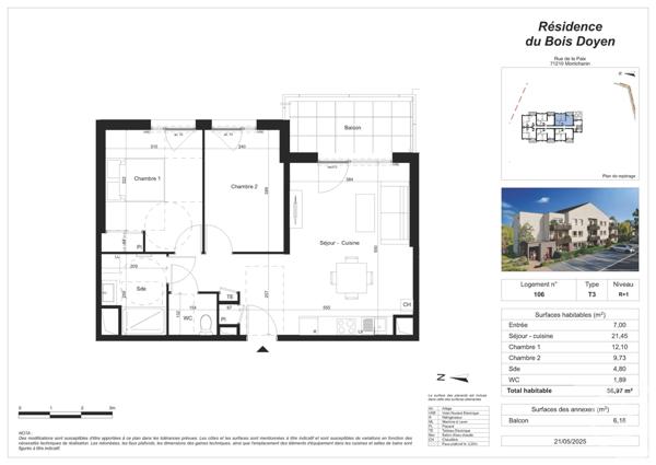 Appartement F3 à vendre  3 pièces - 56,97 m2 MONTCHANIN - 71