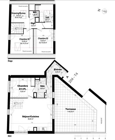 Rennes (35200) T4 DUPLEX SUD OUEST AVEC TERRASSE DE 44M2 - PARKING - OPPORTUNITE