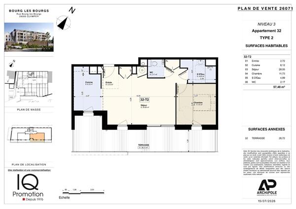 QUIMPER - "BOURG LES BOURGS" - AU DERNIER ÉTAGE, APPARTEMENT T2 NEUF DE 57 M² AVEC TERRASSE DE 27 M² AU SUD