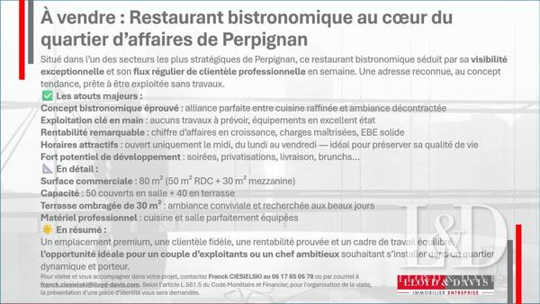 Restaurant bistronomique à céder