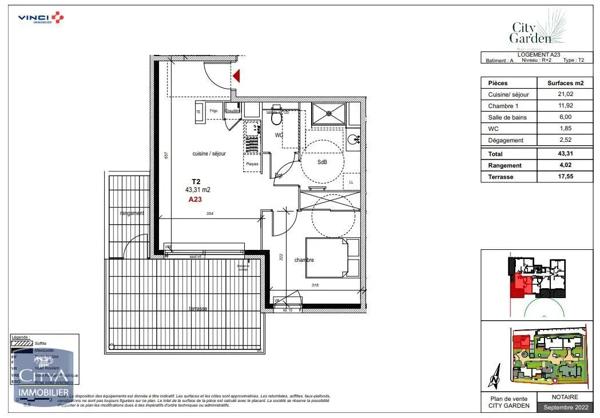 Appartement à louer 2 pièces 43.31m²