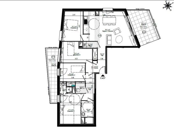 Appartement Orvault 5 pièce(s) 93.20 m2 TERRASSE EXPO SUD