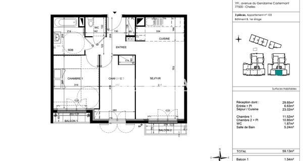Location Appartement 3 pièces 59.13 m² - Chelles 77500