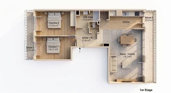 Appartement 3 pièces - 66 m²