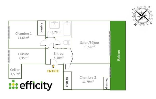 Appartement 3 pièces - 63 m² Exclusivité efficity