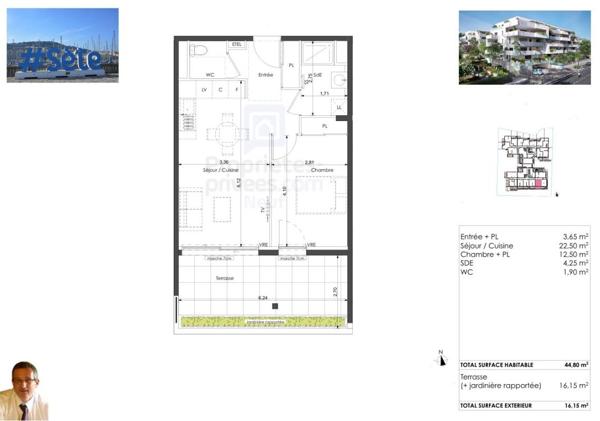 Corniche de Sète. T2 de standing, Terrasse 16 m² Sud, Bord de Mer