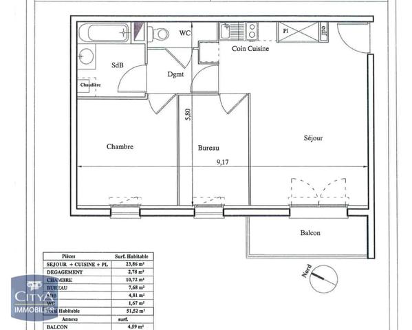 Appartement à louer 2 pièces 51.52m² Douai (59500)