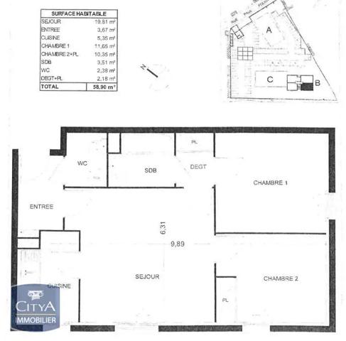 Appartement à louer 3 pièces 58.9m²