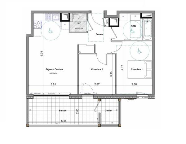 EXCLUSIVITE FETERNES T3 56 m², balcon avec cellier, 2 stationnements, calme (74500)